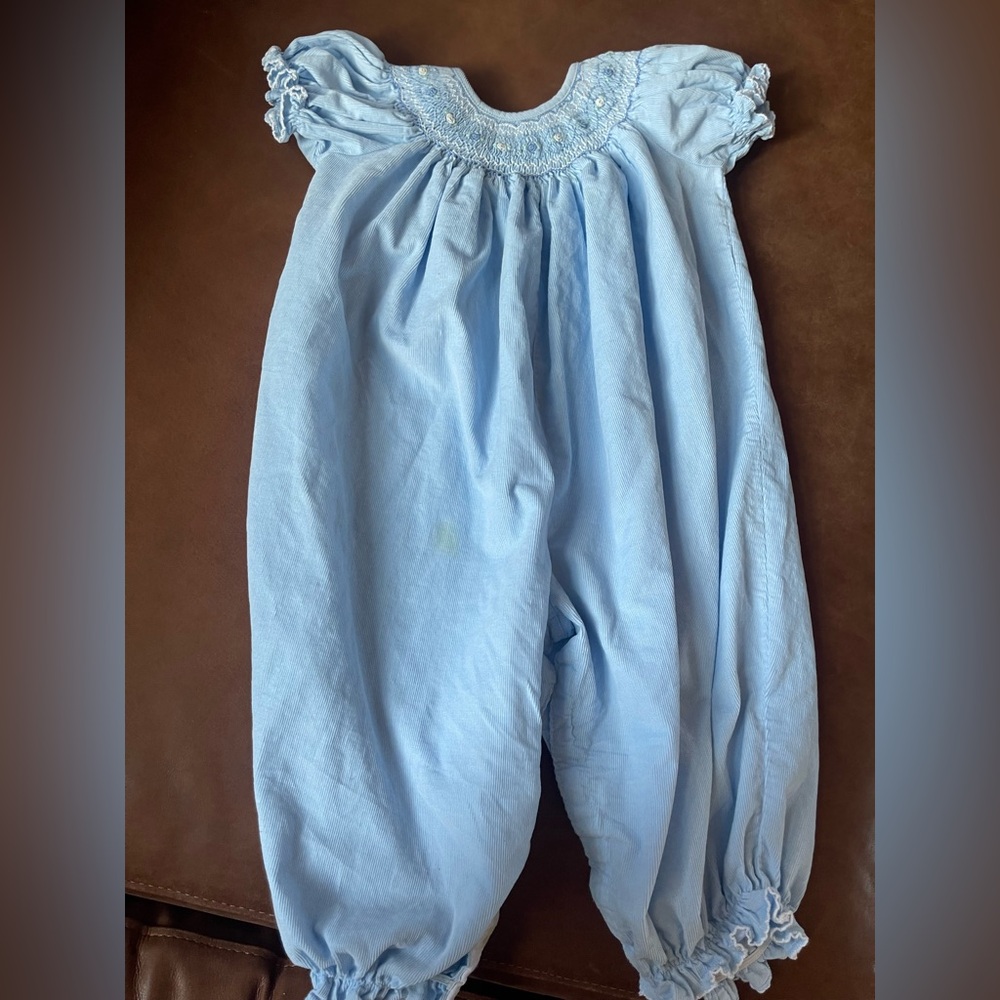 Petit Bebe Light Blue Romper - Spring Smocked Baby Outfit